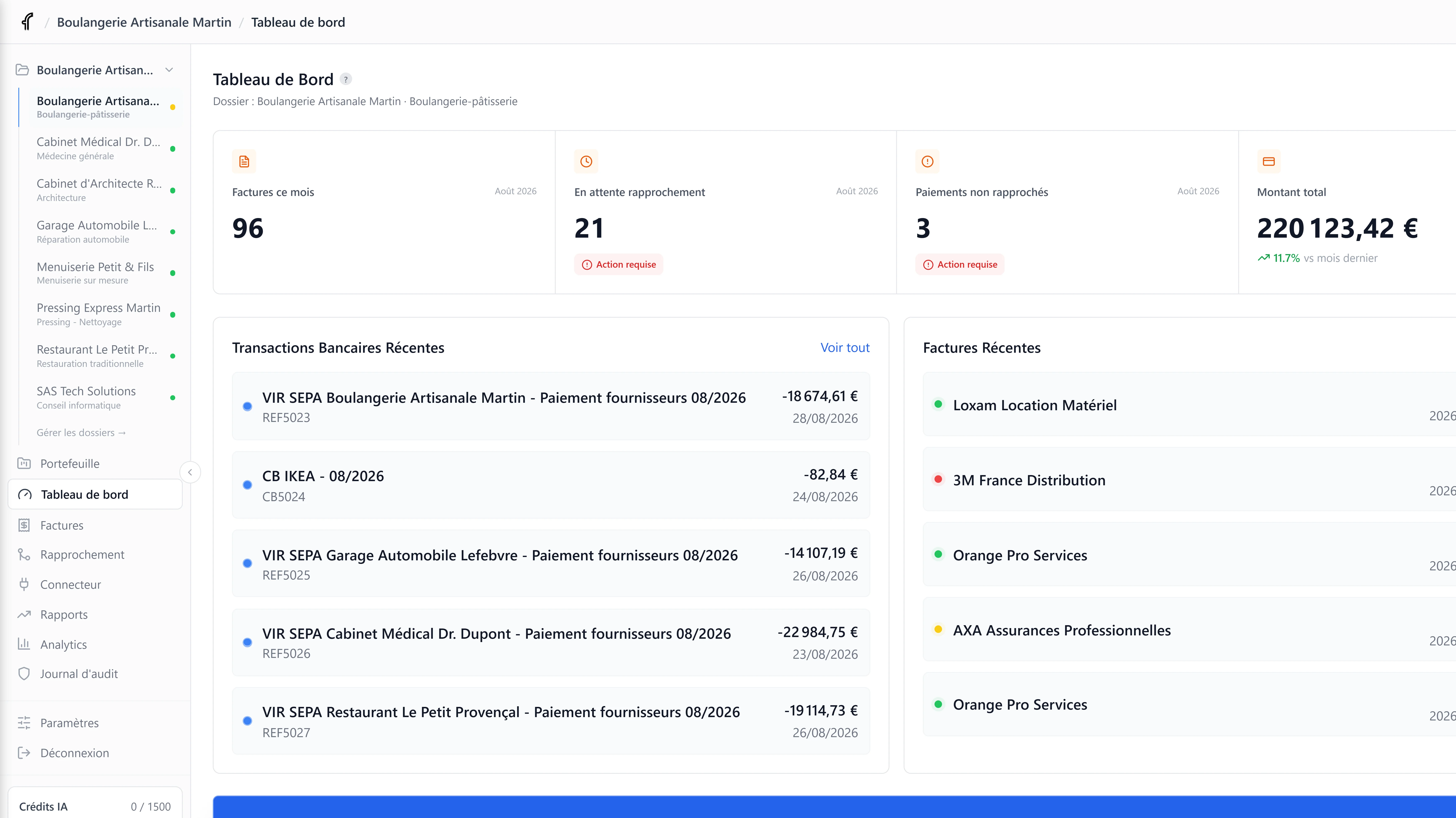 Aperçu du dashboard FactPilot
